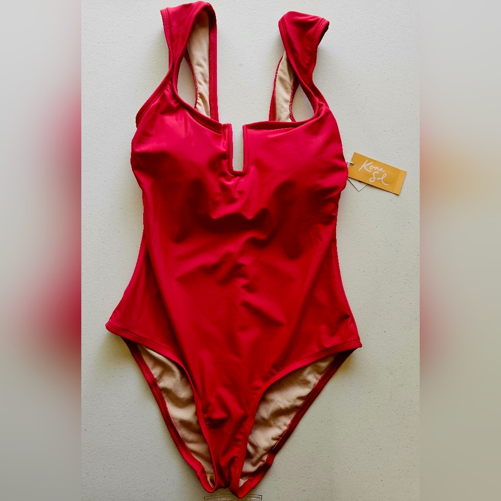Kona Sol Red One-Piece Swimsuit Full Cheeks Coverage